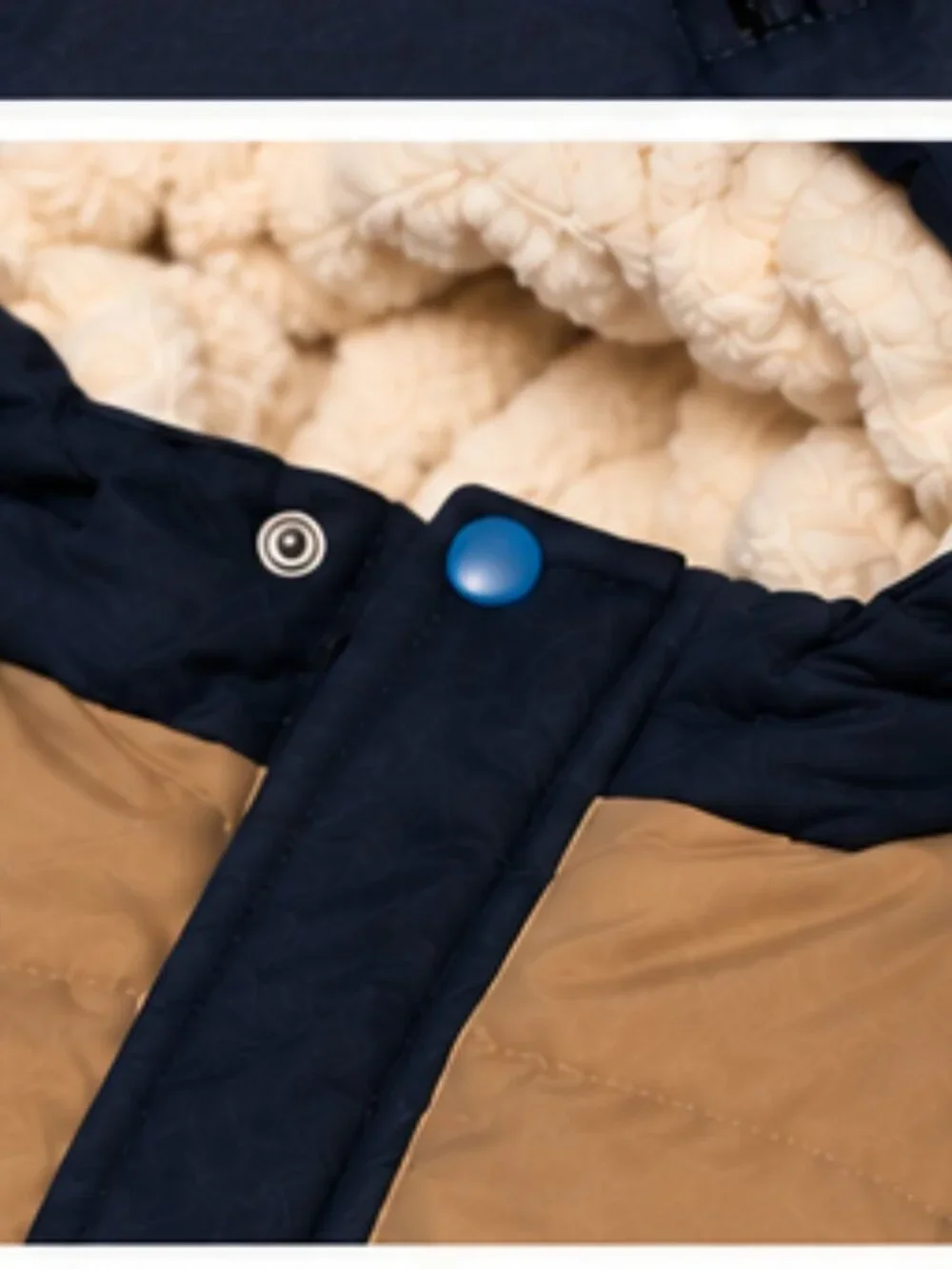 H&M Baby Color Block Hooded Puffer Winter Jacket Navy Teal Tan – Size 12–18 Mont